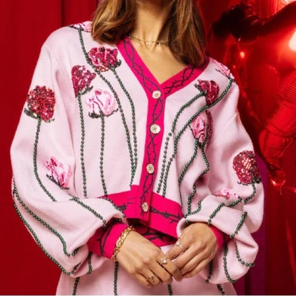 QUEEN OF SPARKLES Pink Rose Embellished Cardigan - Picture 1 of 9